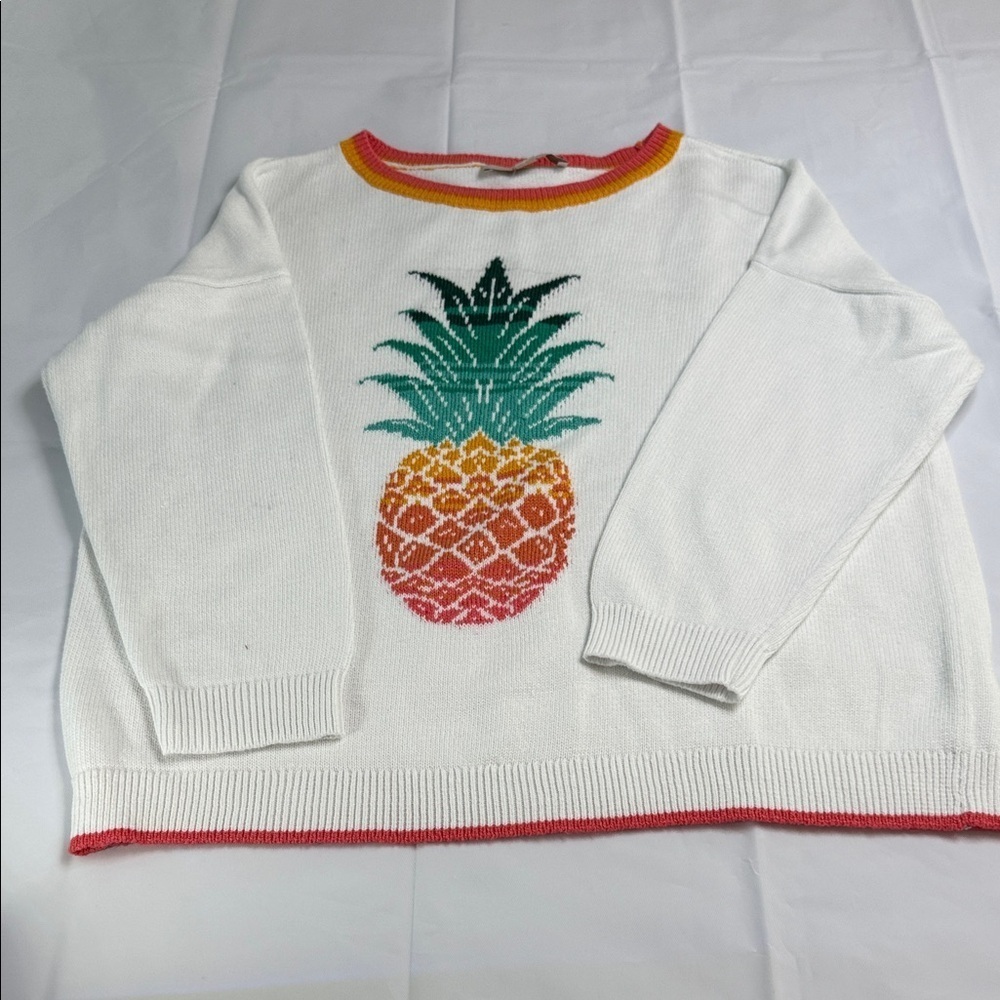 LOFT White Sweater with Vibrant Pineapple Motif